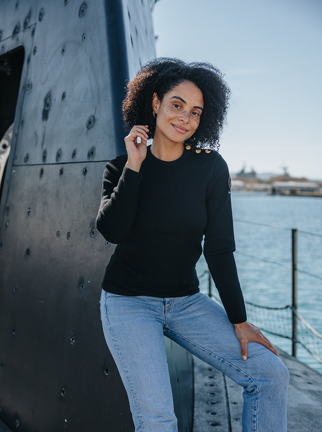 Pull marin uni noir « Astrolabe »